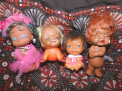 5 5"  6 BROWN VINYL CHEEKY DOLLS  MADE IN JAPAN, KOREA  BLONDE, REDHEAD, BRUNETTE